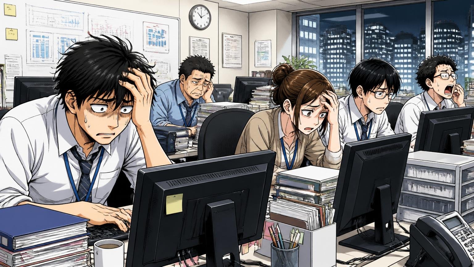 金融系SIerの客先オフィスで常駐エンジニア5人がPCを前に長時間作業、疲労の表情