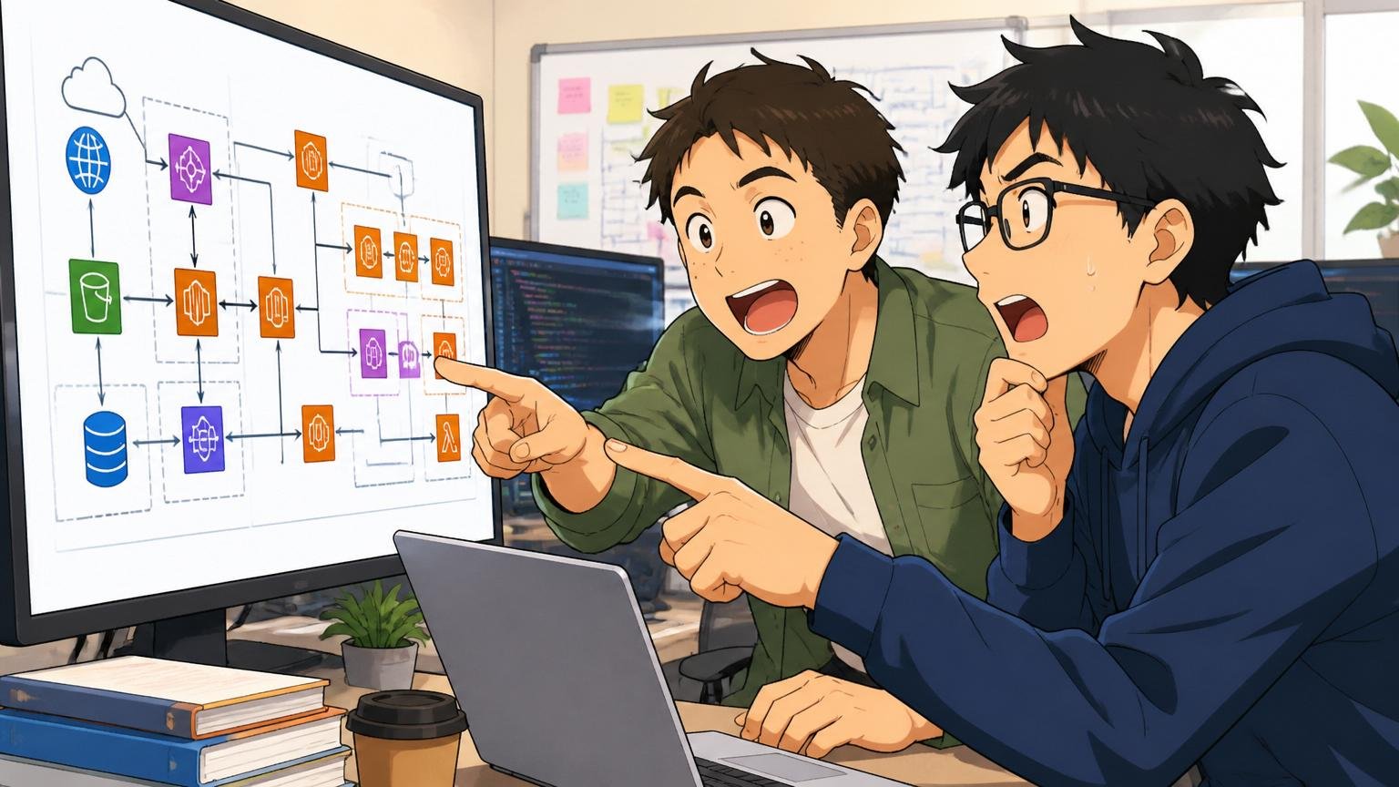 ITエンジニア視点でのポジション Web系企業の開発オフィス エンジニア2人がAWS構成図を見る