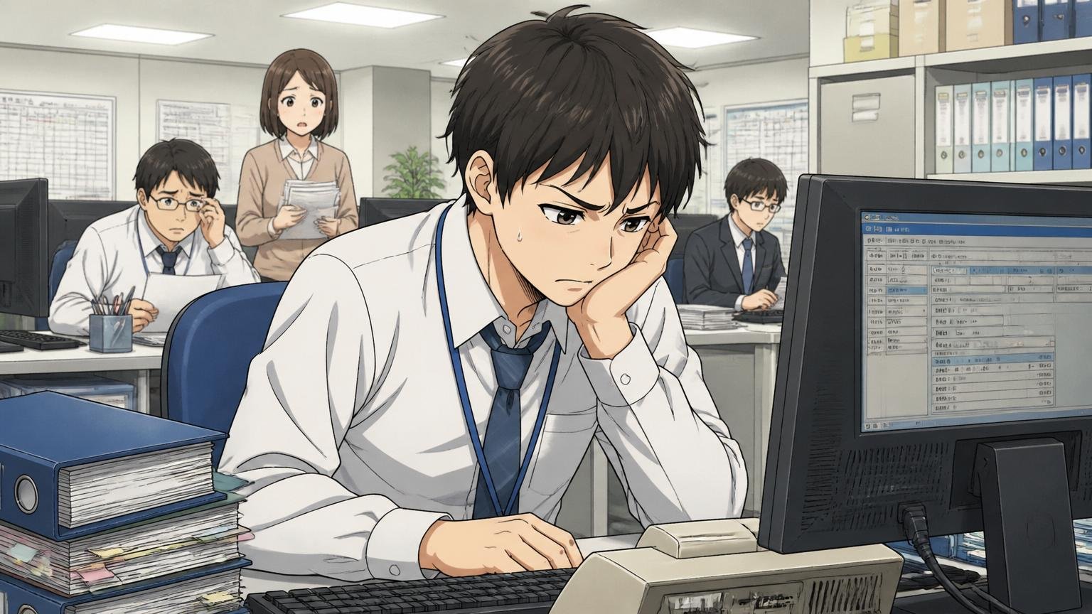 理由③SI／受託／客先常駐中心で開発スキルが偏りやすい。客先常駐先のオフィスで20代エンジニアが古い社内システムの保守画面を前にうつむき眉間にしわを寄せる