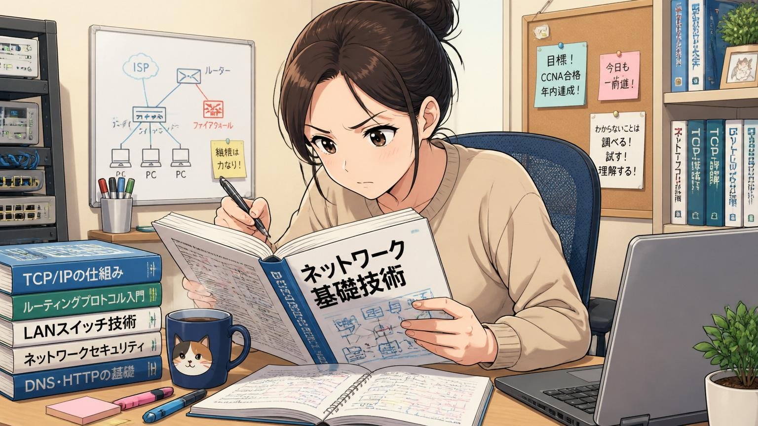 ネットワークの基礎技術を地道に学び続けるエンジニア、自宅のデスクで技術書を開く30代女性1人