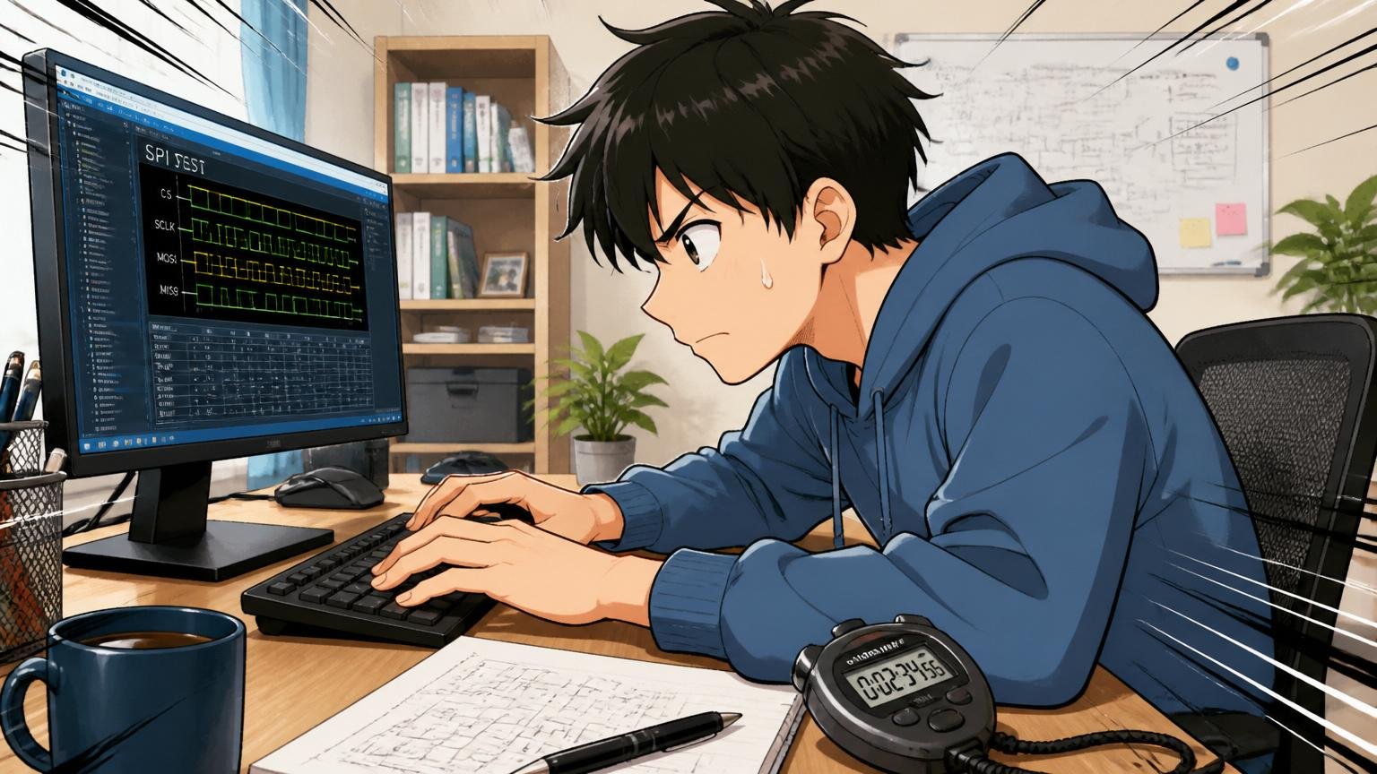自宅のデスクで在宅勤務のエンジニア1人がPC画面のSPIテストに集中してストップウォッチを横に置く場面
