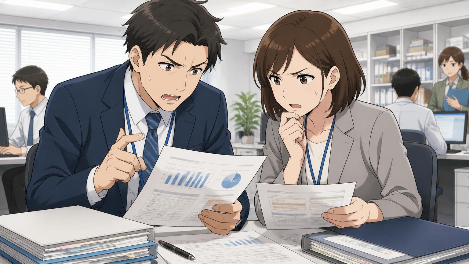 大手企業のオフィスで人事担当者2名が採用計画書類を見ながら深刻な表情で話し合う
