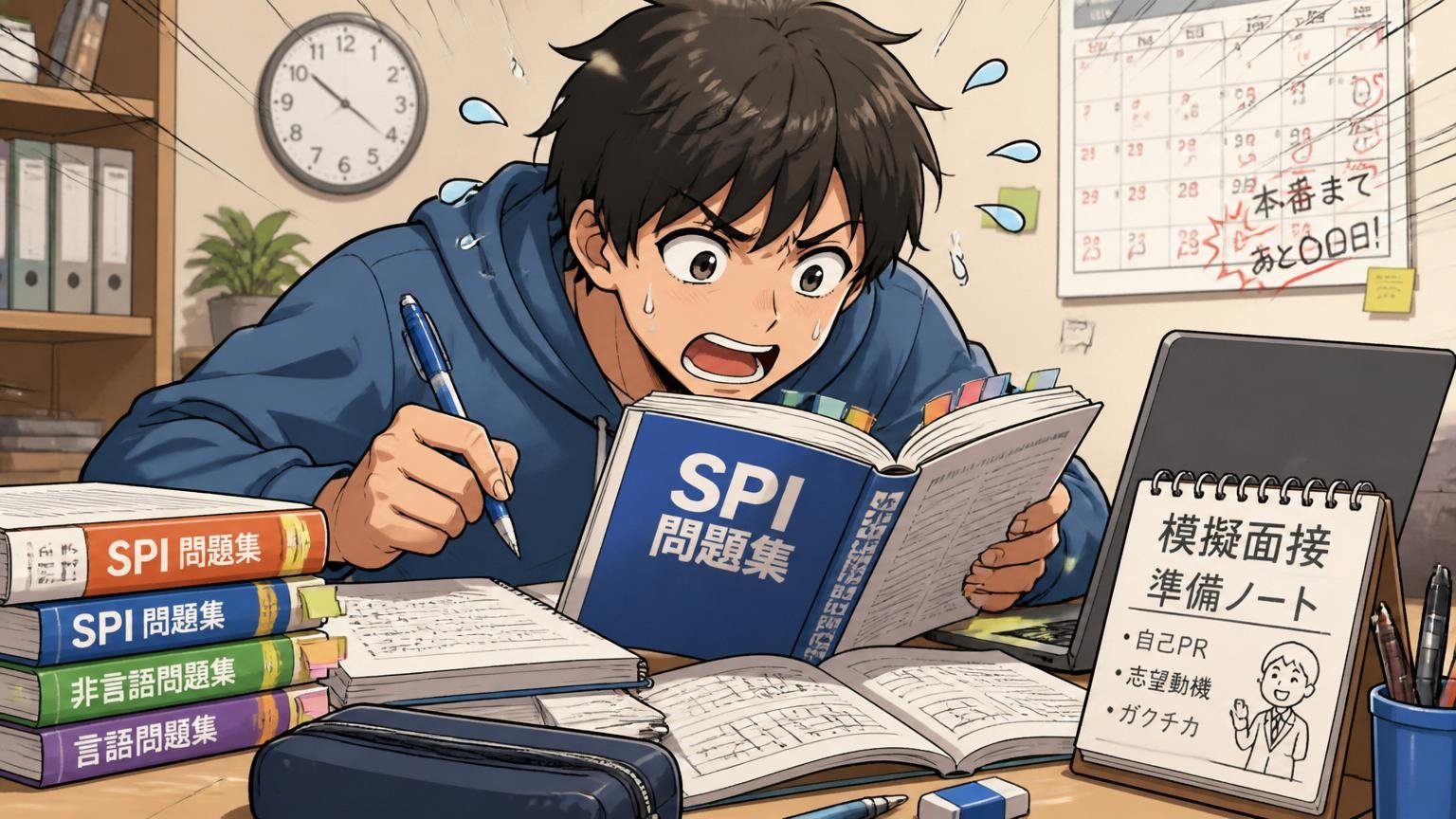 自宅のデスクでSPI問題集と模擬面接の準備を慌てて始める応募者1名