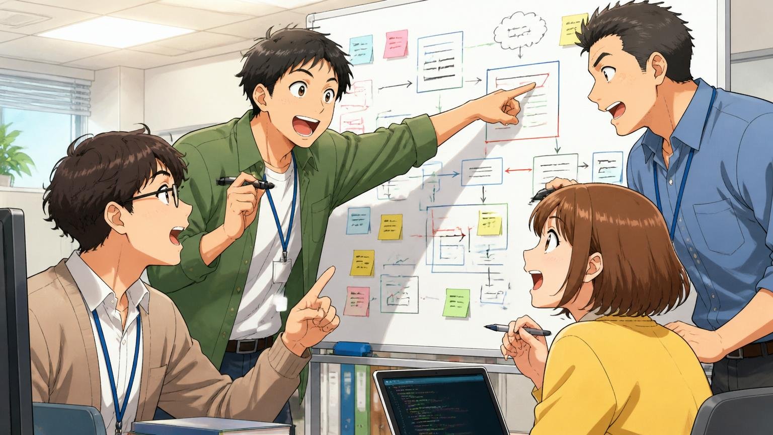 長期就業意欲とチーム志向、SIerの開発現場で4人のチームメンバーがホワイトボードを囲んで議論する