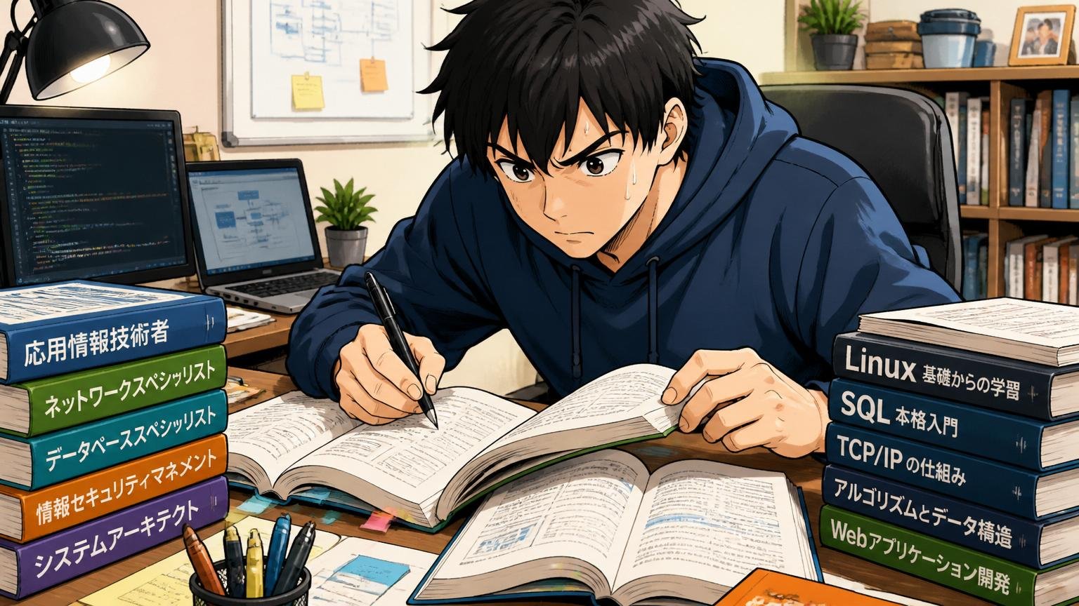 自宅のデスクで資格本と技術書を広げて勉強するITエンジニアの男性