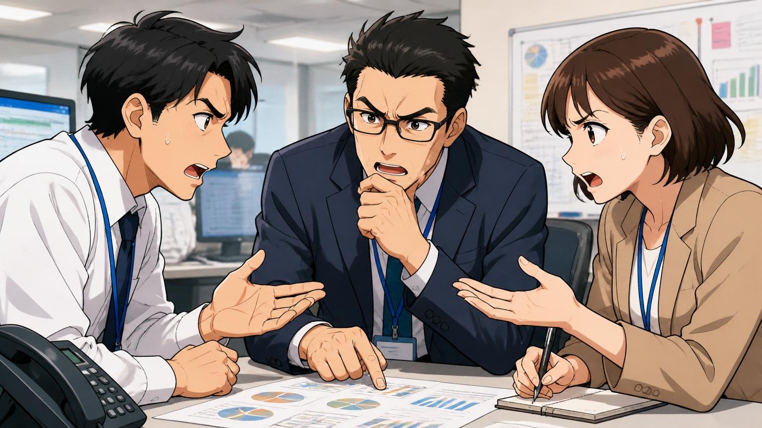 原因④コミュニケーション要件のミスマッチ BPO企業の現場でクライアント折衝中の社員 3人 真剣な表情で議論