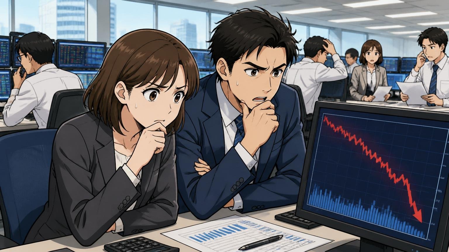 東京の証券会社のフロアで男女のアナリストが下落した業績グラフを真剣に見つめるシーン