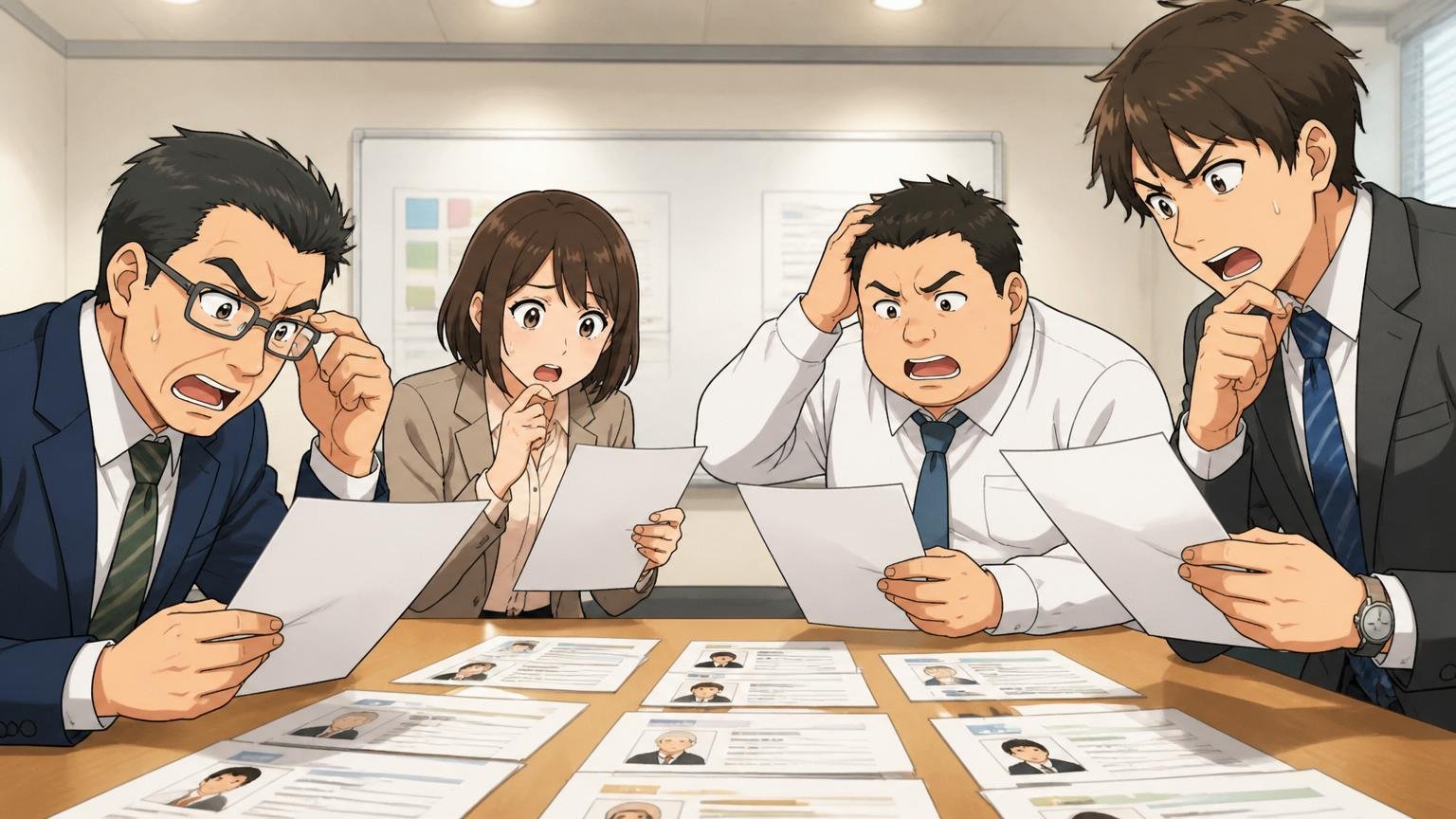 あなたのせいではないケースもある、企業の会議室で複数の候補者の書類を比較する採用担当者たち