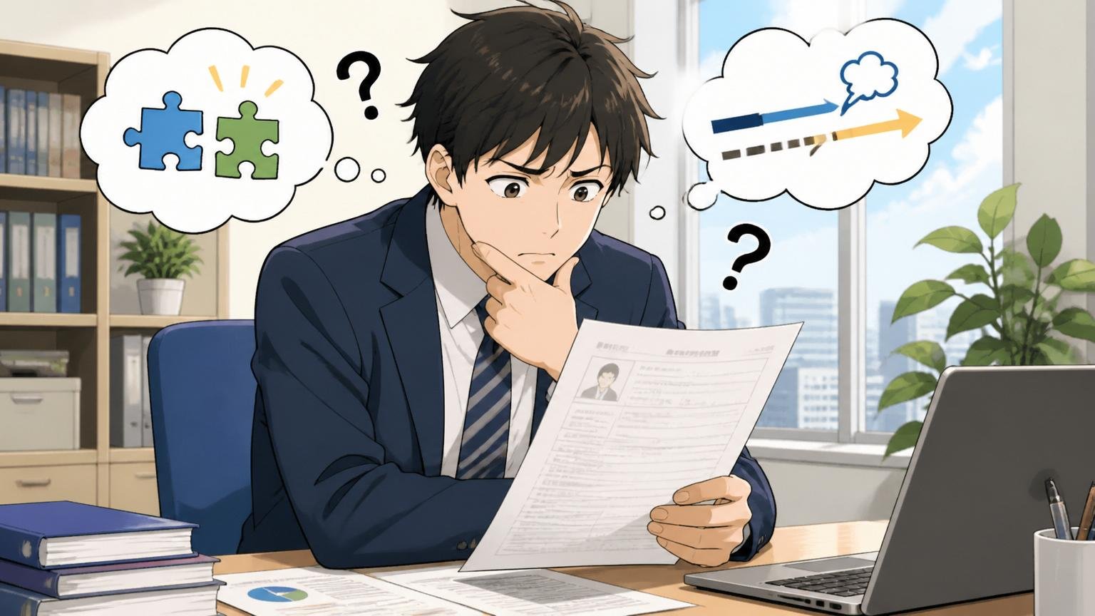 経験やブランクのマッチング判断、オフィスで職務経歴書を見ながら悩む転職希望者、1人、考え込む表情