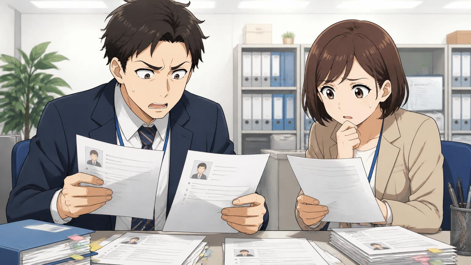 「タイミングや配属枠の問題」オフィスで人事担当の男女2人が複数の応募書類を見比べて悩む表情