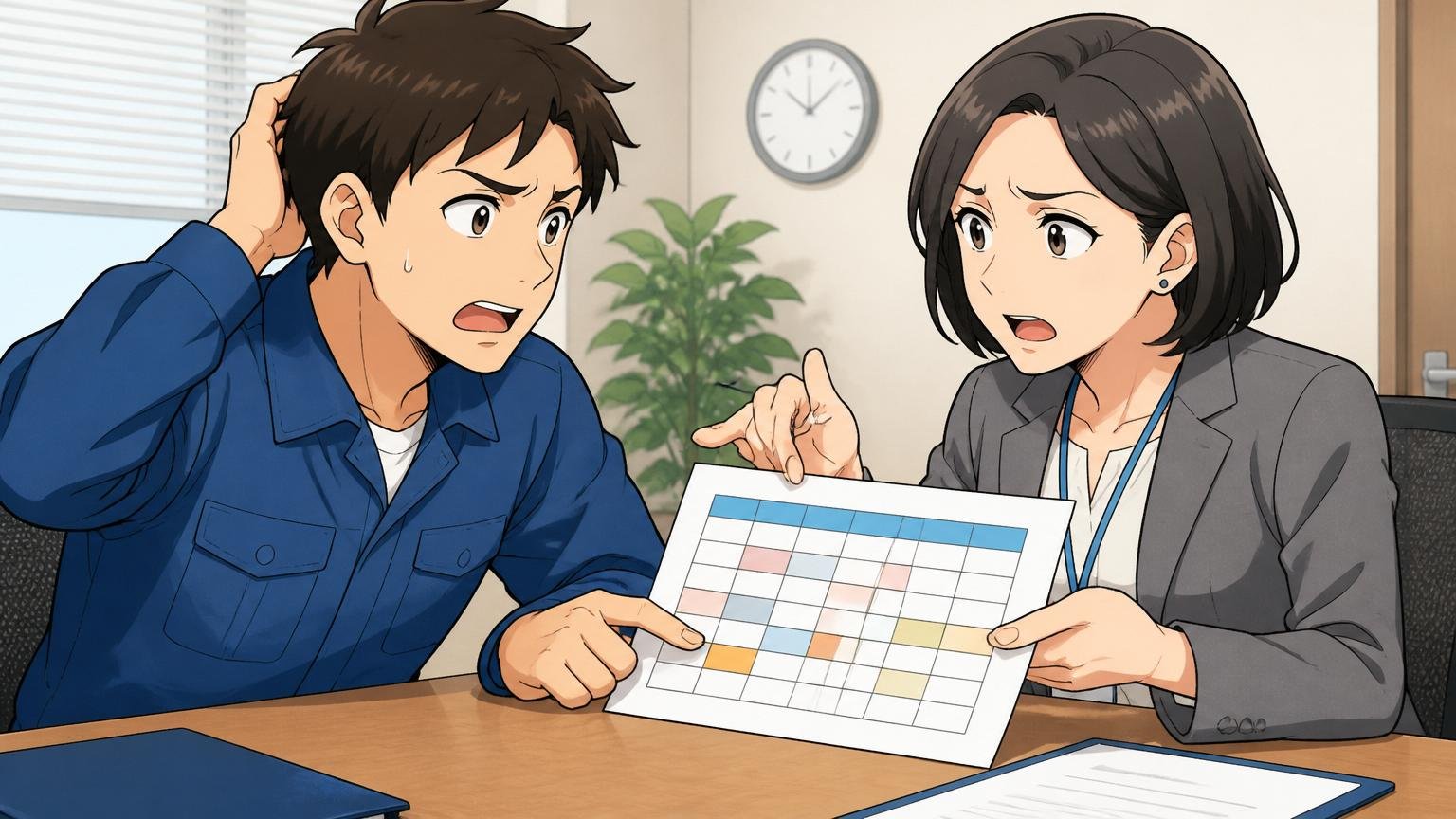 勤務シフトが募集枠と合わない、企業の面接室でシフト表を見ながら相談する求職者と採用担当者
