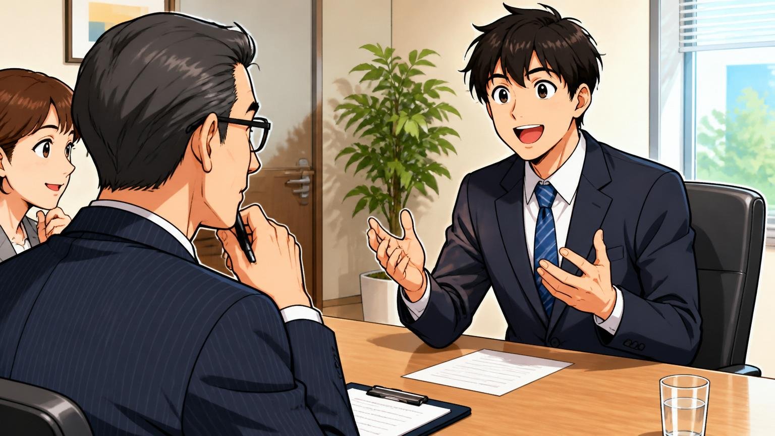 面接でのコミュニケーション。企業の面接ルームで応募者1人が笑顔で面接官と会話する場面
