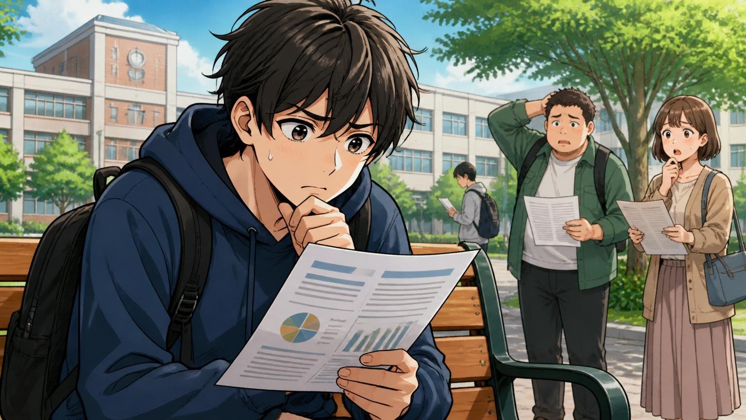 学歴フィルターは関係あるのか。大学のキャンパスで進路に悩む学生、資料を手に考え込む様子