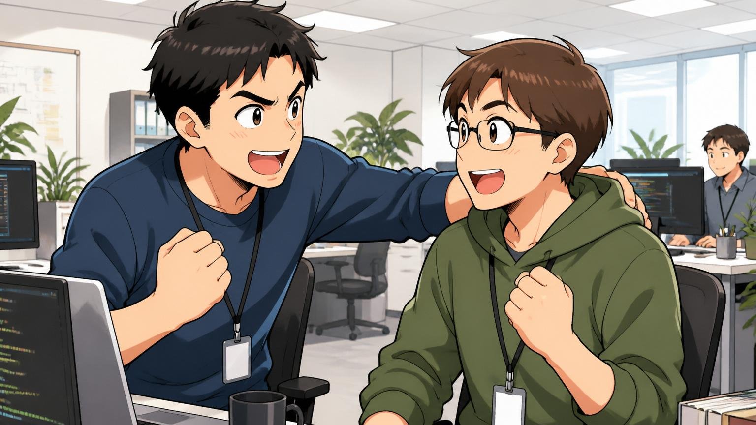 最終面接で落ちる理由。オフィスのフロアで励まし合うエンジニア2人、前向きな表情