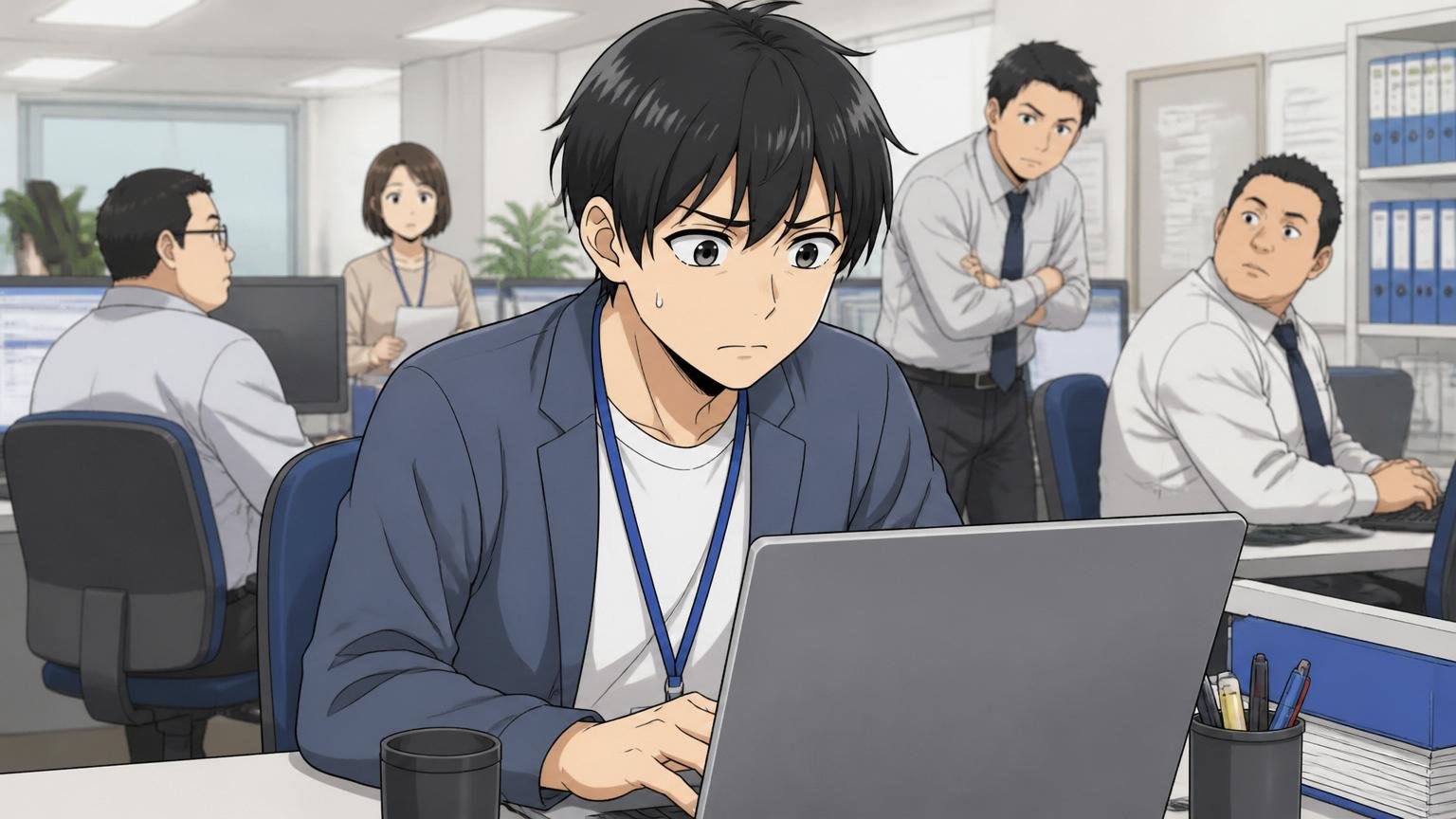 客先常駐先で働くエンジニア、他社のオフィスに常駐する一人が周囲を気にしながら働く緊張した表情