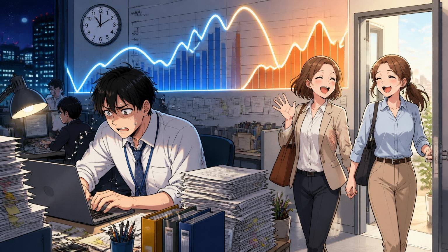 時期と部署で変わる残業の波｜深夜のオフィスで残業する男性と定時退社する女性社員2人