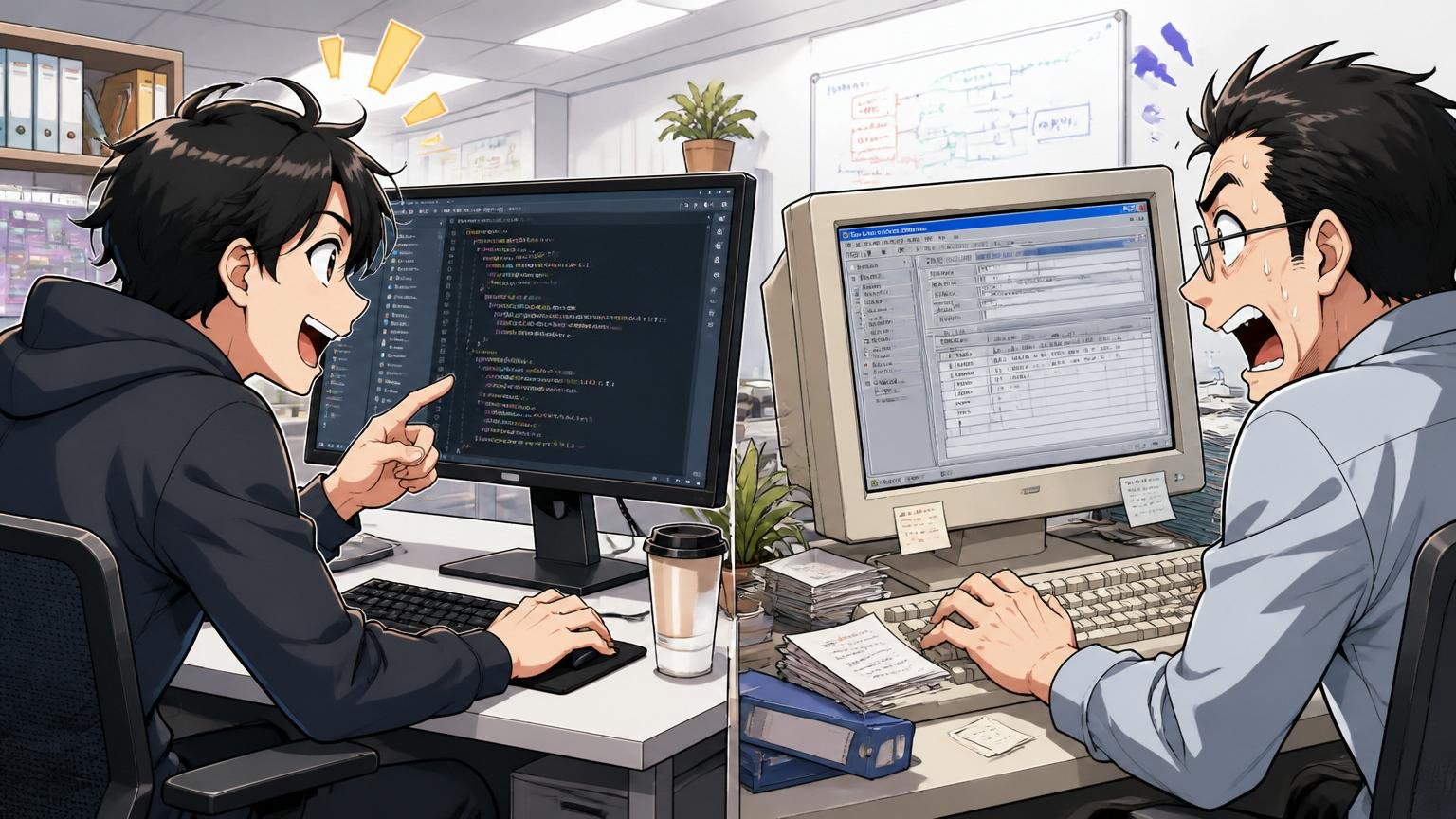 モダン技術と古い技術の対比|開発現場で最新IDE画面と古い管理画面に向き合うエンジニア2人