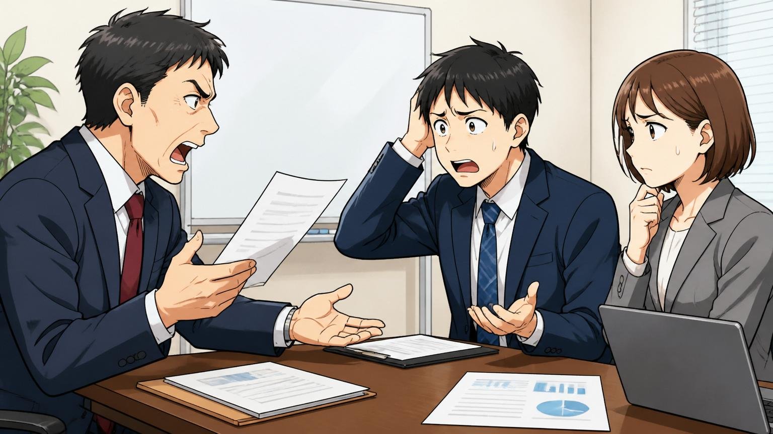 評価制度が不透明 企業の会議室で面談する上司と部下2人 部下が評価に納得できず困惑した表情