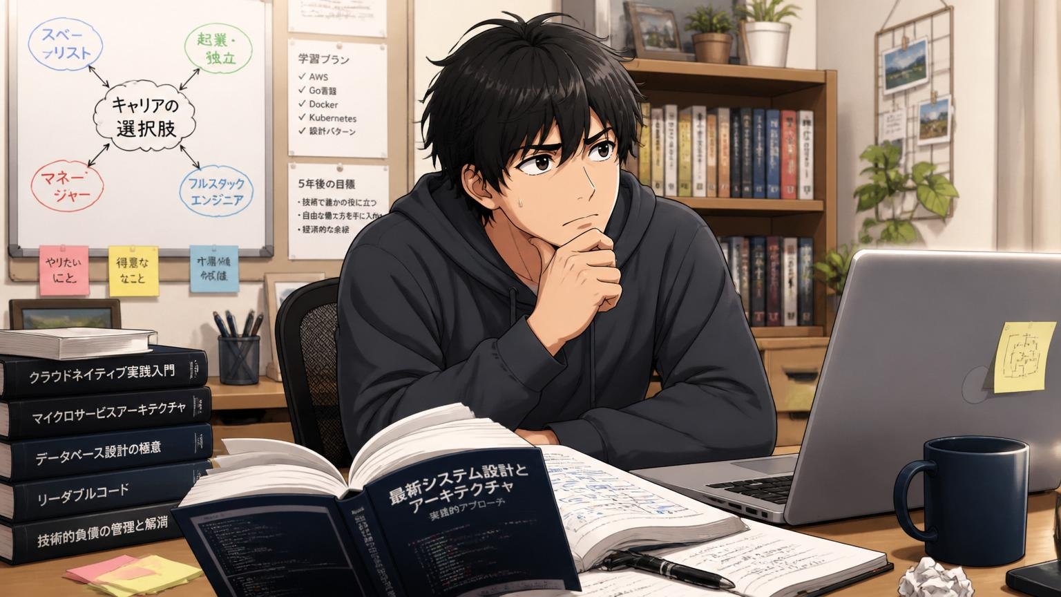 自宅のデスクで最新技術書とノートPCを前に複雑な表情でキャリアを考える20代後半エンジニア1名