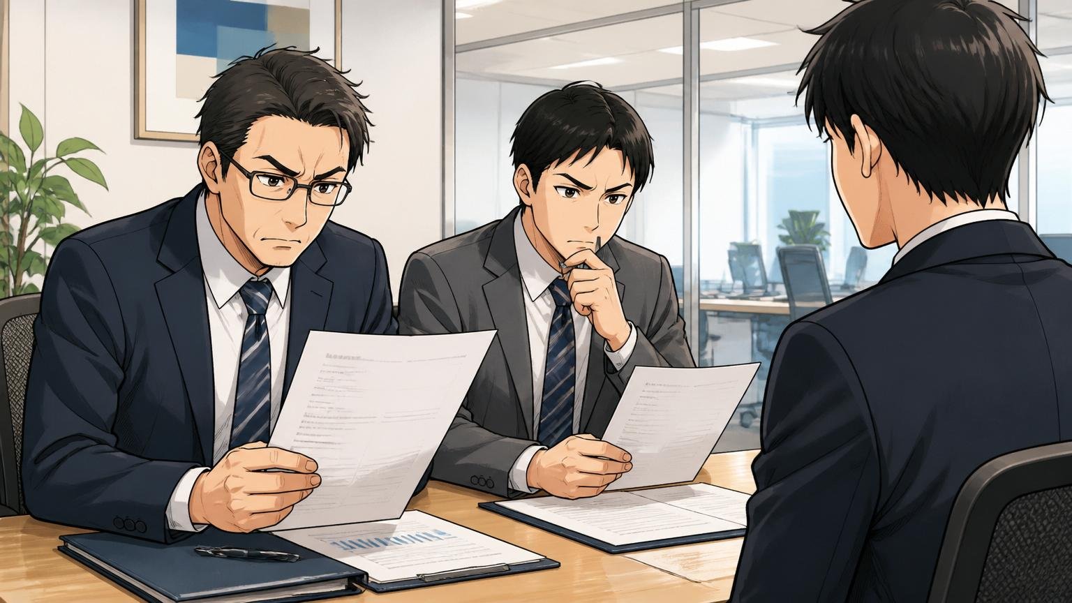 企業のオフィスフロアで人事面談を受ける男性社員1名と書類を見る面談官2名の真剣な表情