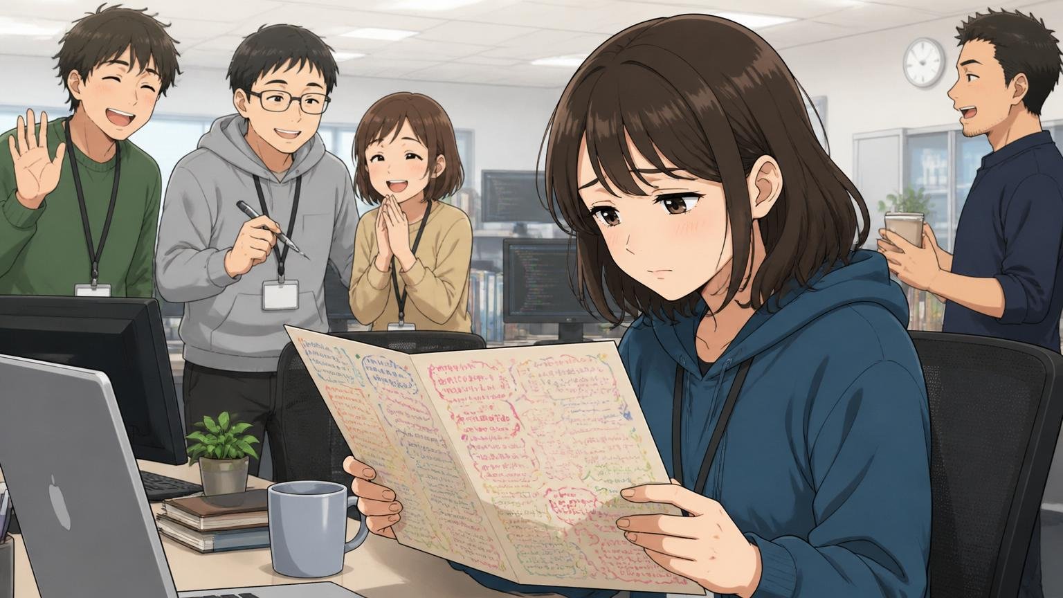 IT企業のオフィスで送別会の寄せ書きが回ってきて寂しそうに眺める30代女性エンジニア