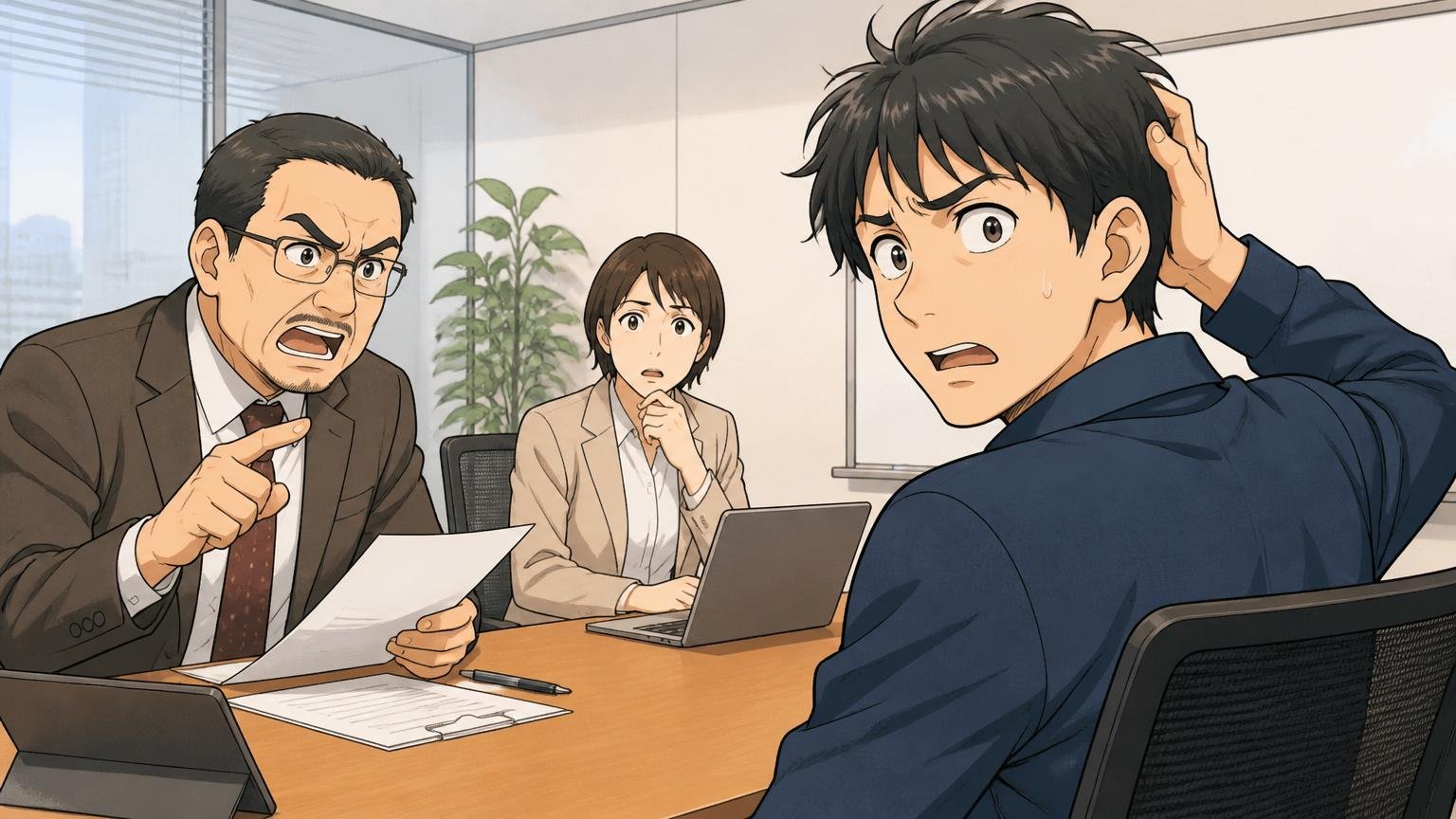 企業の会議室で評価面談を受けながら困惑した表情を見せる20代後半男性エンジニア