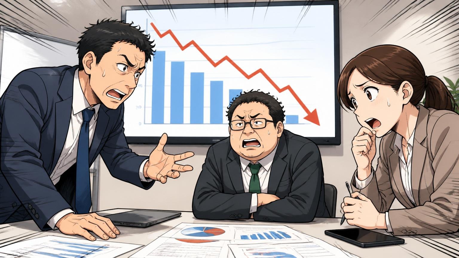 企業の会議室で下向きの業績グラフを前に深刻な表情で議論する社員たち、3人、緊張感のある空気