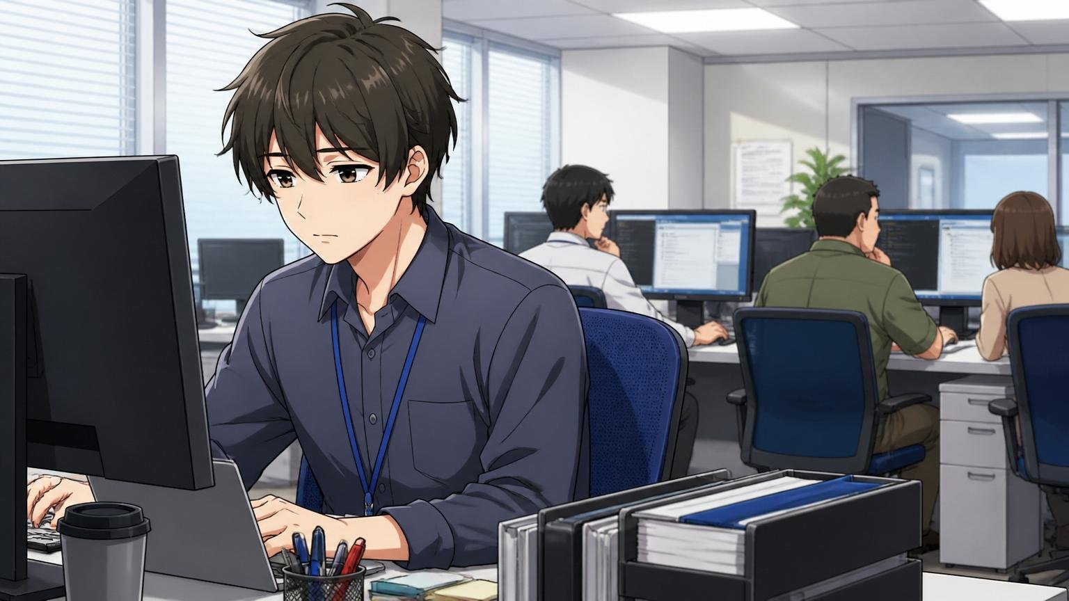 自社への帰属意識が薄いSESあるある。客先オフィスで20代男性が1人デスクに座り少し孤独そうな表情