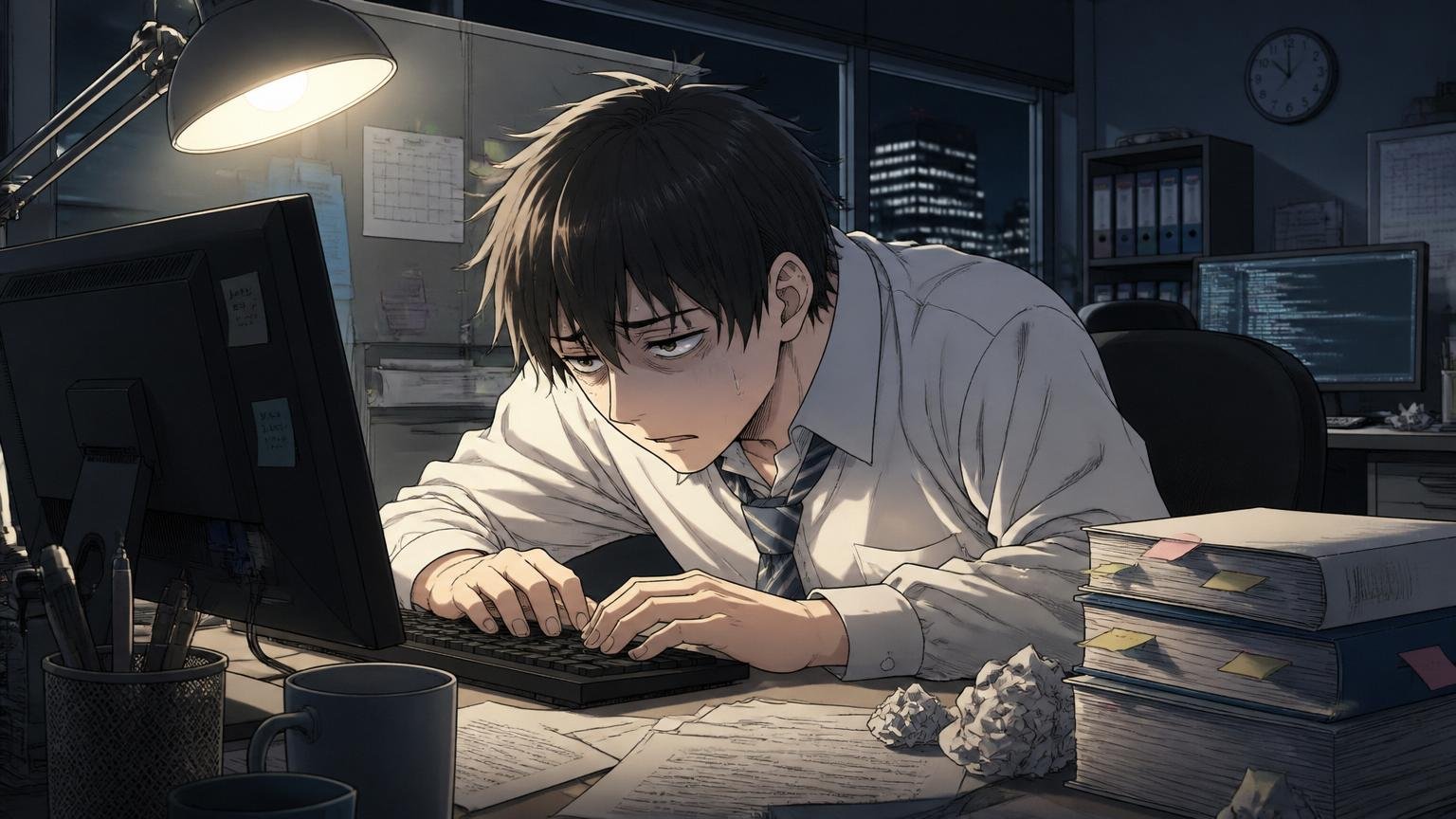 SIerの開発現場で深夜に1人のエンジニアが疲労した表情でPC前にうつむきデスクライトだけが灯る場面