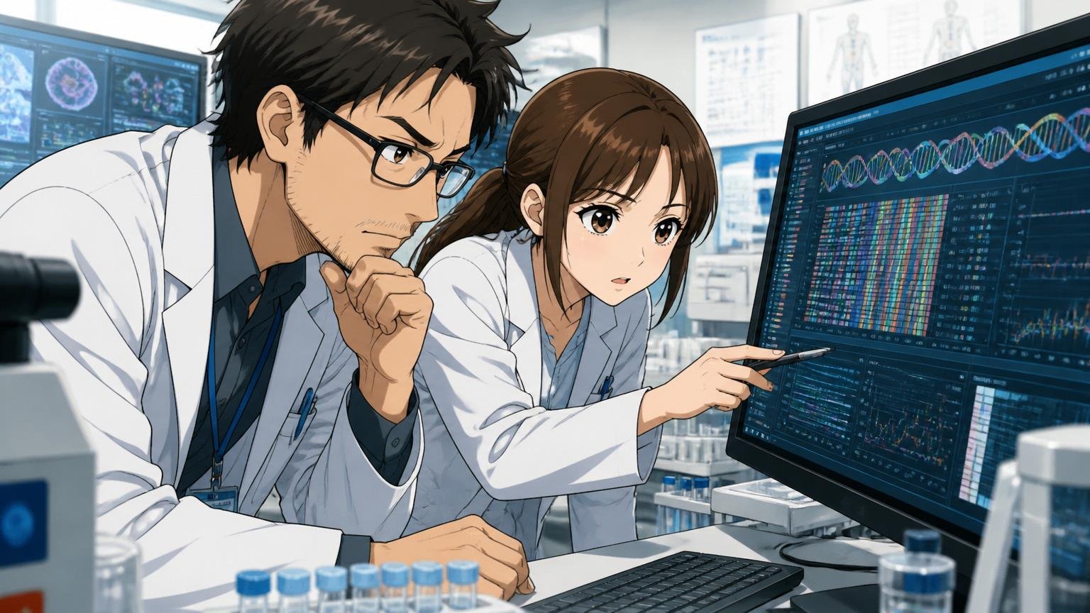 創薬支援を担うエンジニア/研究機関の解析ルーム/30代男女2人/ゲノムデータの画面を真剣に見つめる