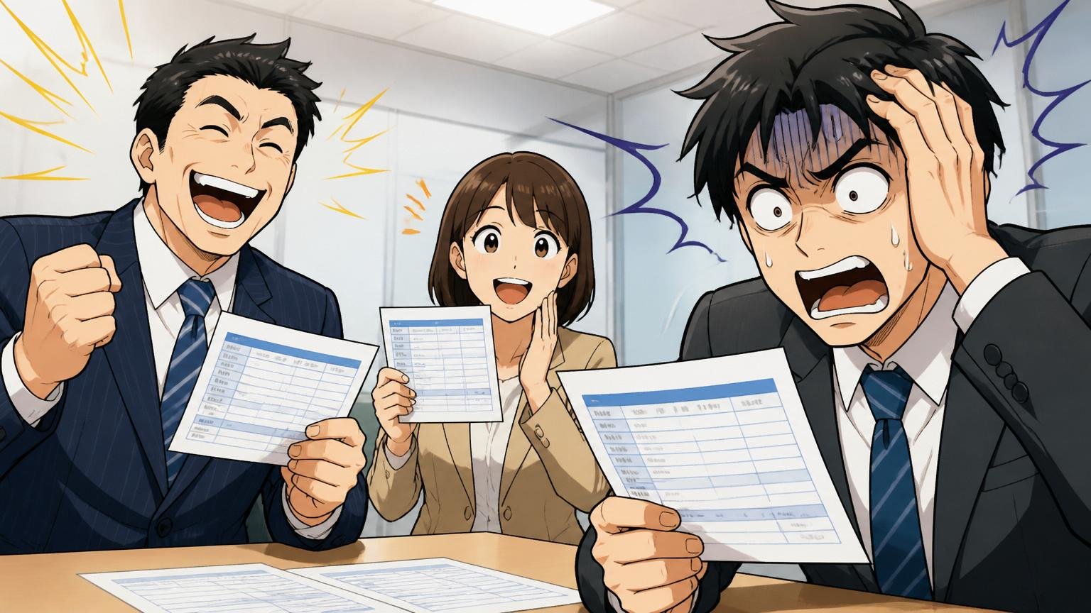企業の会議室で本体社員と給与明細の差を比較してショックを受ける子会社社員、登場人物は3人、表情の対比