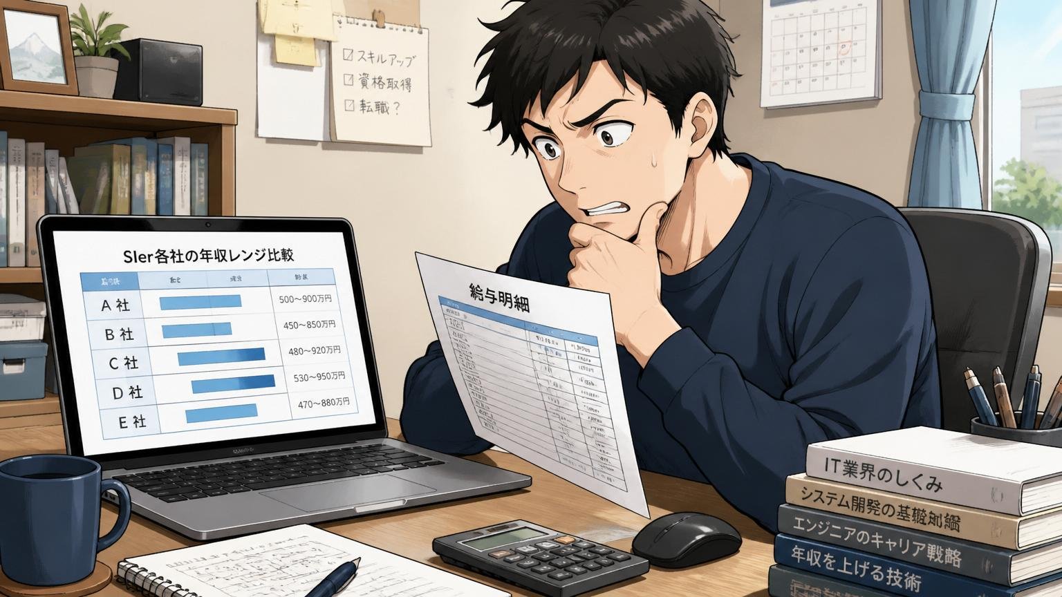 自宅のデスクで給与明細とSIer各社の年収レンジを比較するノートPCを見つめる30代エンジニア