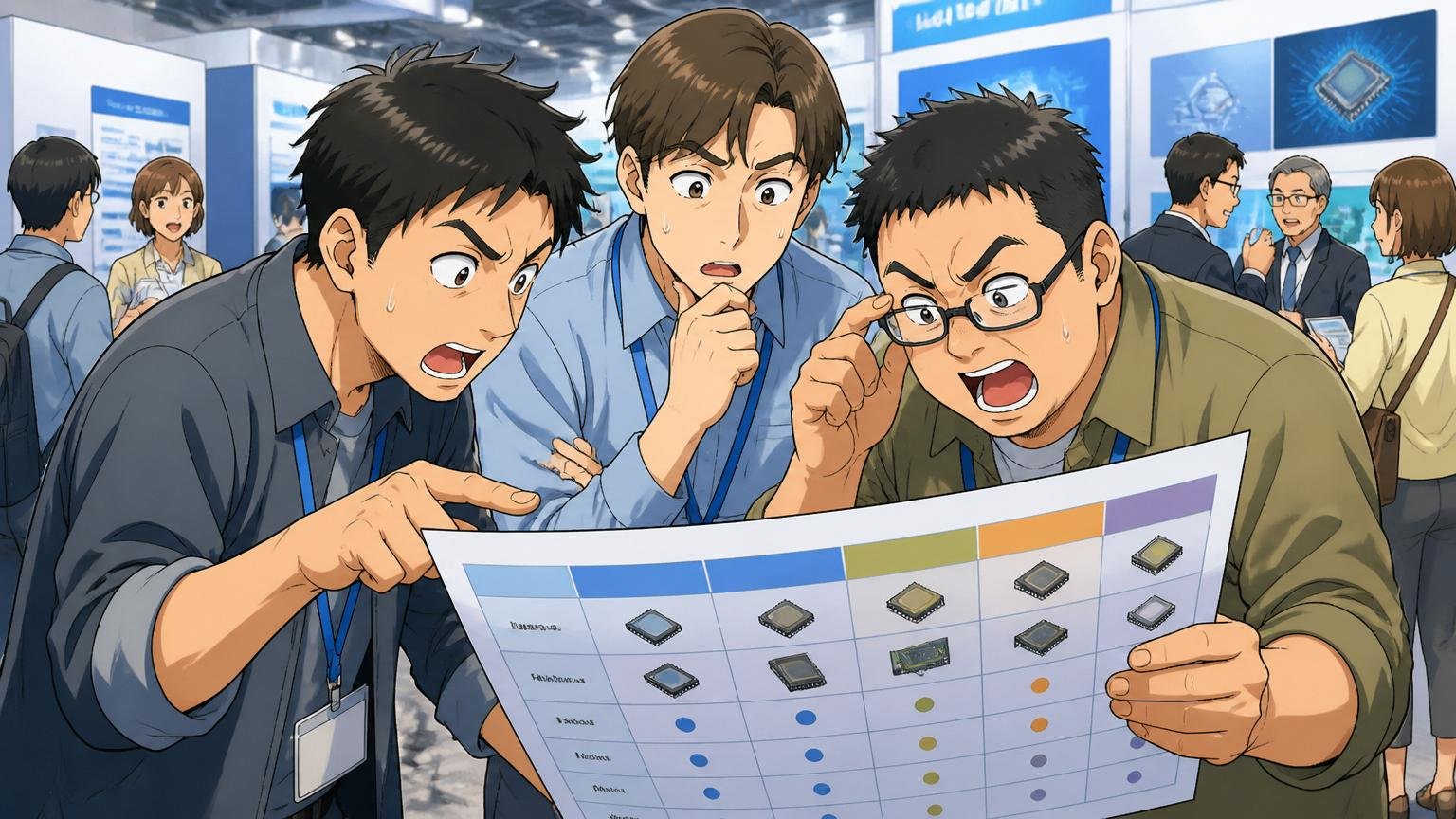 半導体商社業界での位置 業界カンファレンスでエンジニア3人が比較表を見る