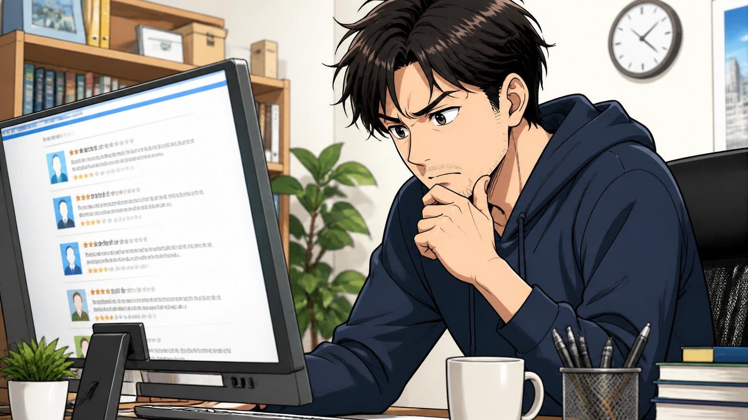OpenWorkの退職検討理由を読み込む場面、自宅のデスクで30代エンジニアがPC画面の口コミを真剣に読む