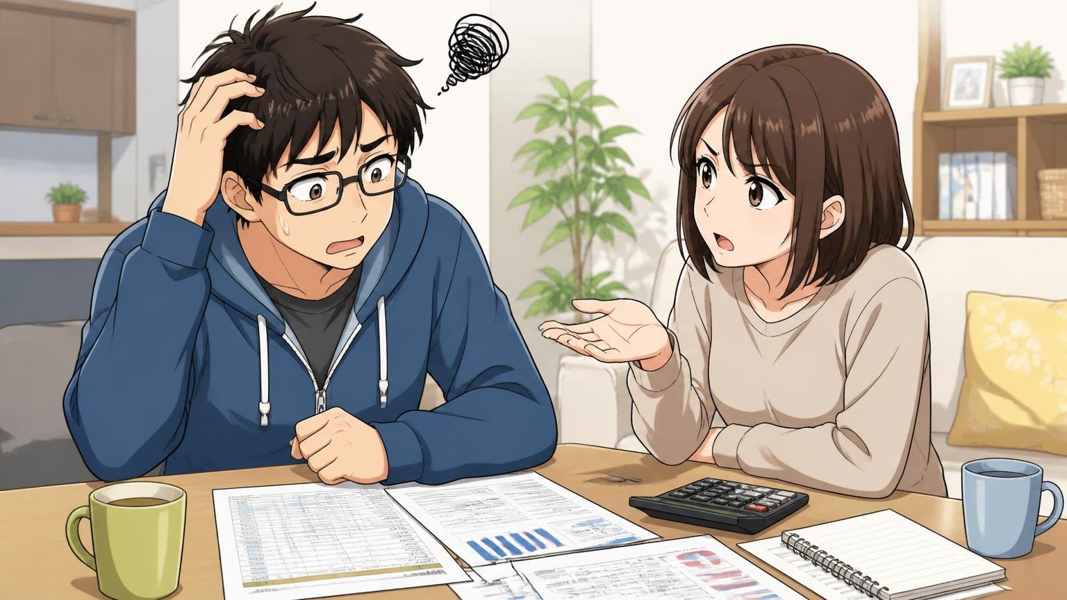 自宅のリビングで配偶者と家計について話し合う30代男性エンジニアが言葉に詰まる場面