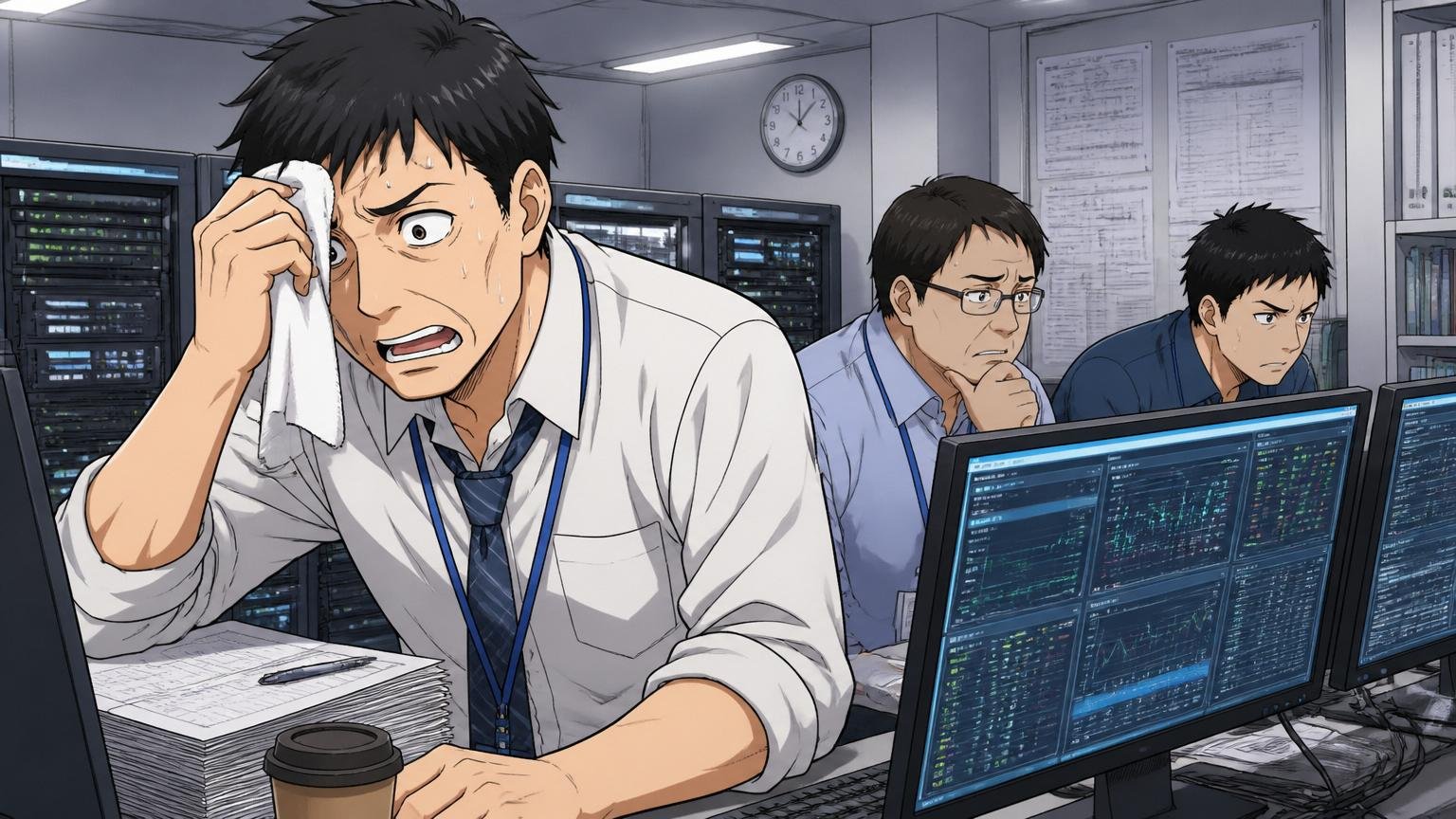 銀行系基幹システムの夜間メンテナンス対応に追われ汗を拭うSEと監視画面を見つめる男性2人