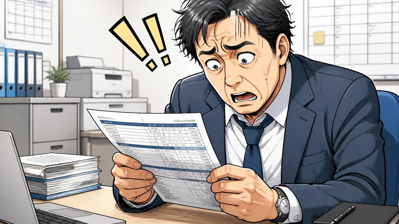 マネージャー昇格で残業代が消え一時的に年収が下がることも。オフィスで40代男性が給与明細に困惑