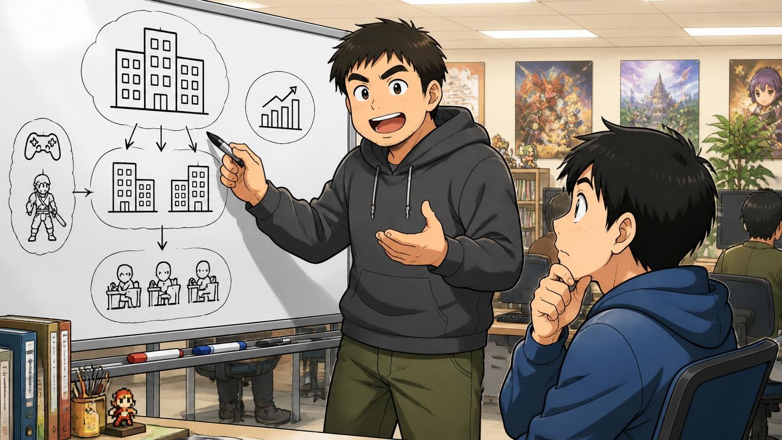 ゲーム会社のオフィスでホワイトボードに親会社との関係を図解して説明する先輩エンジニアと、真剣に聞き入る後輩
