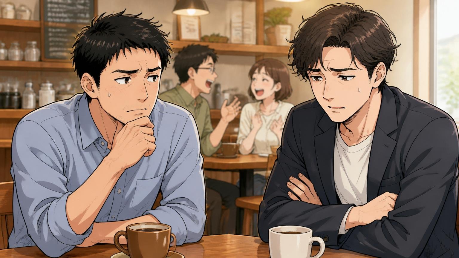 同年代のWeb系や自社開発エンジニアと比べてしまう カフェで同年代の友人と年収の話題になり複雑な表情の30代社員2人