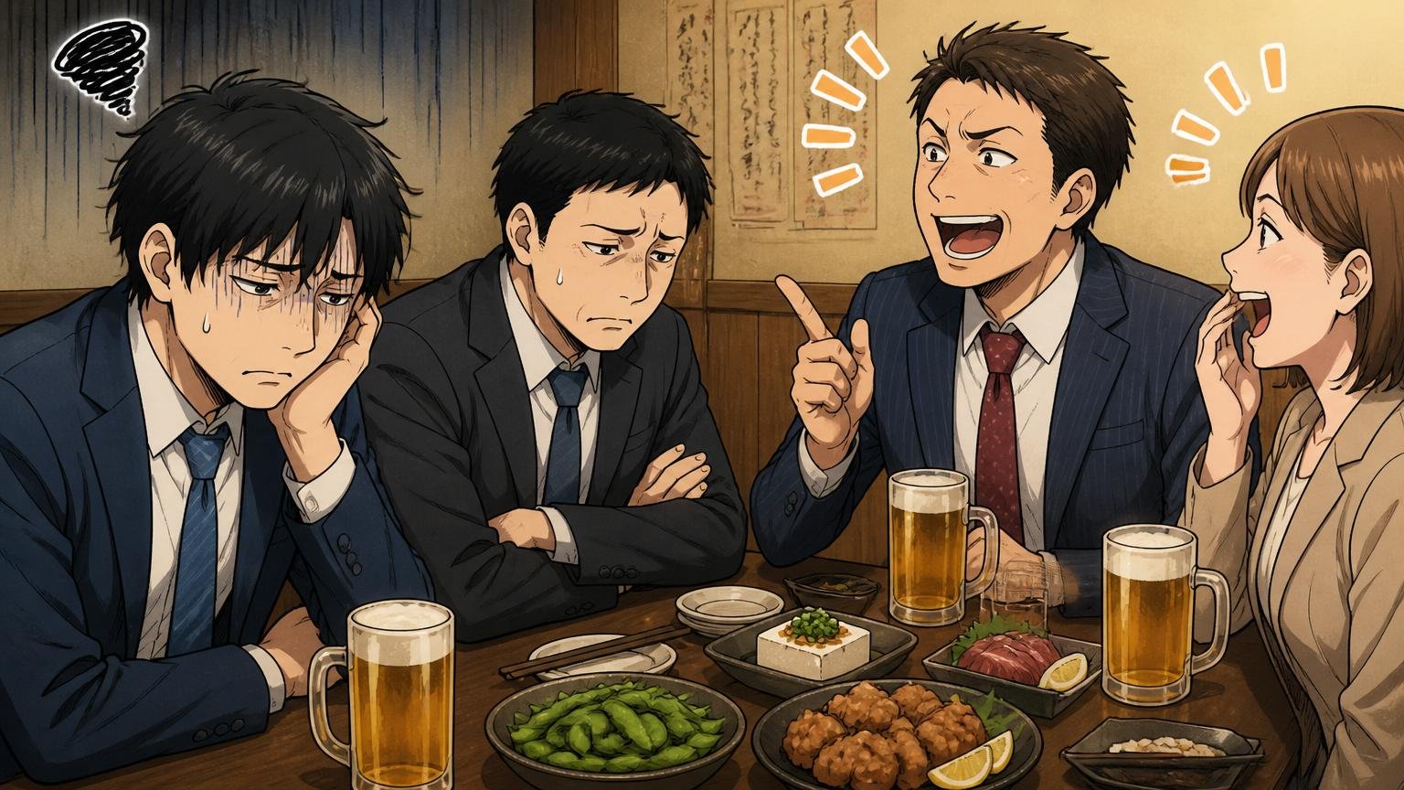 KDDIやドコモの友人と比べて見劣りする。居酒屋で同業他社の友人の年収の話を聞き浮かない顔の30代男性2人