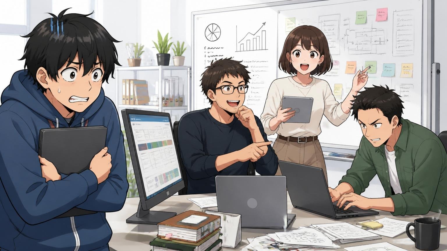 比較対象がハイレベルすぎる。Web系スタートアップのオフィスで若手社員が優秀な同僚3人を見て萎縮