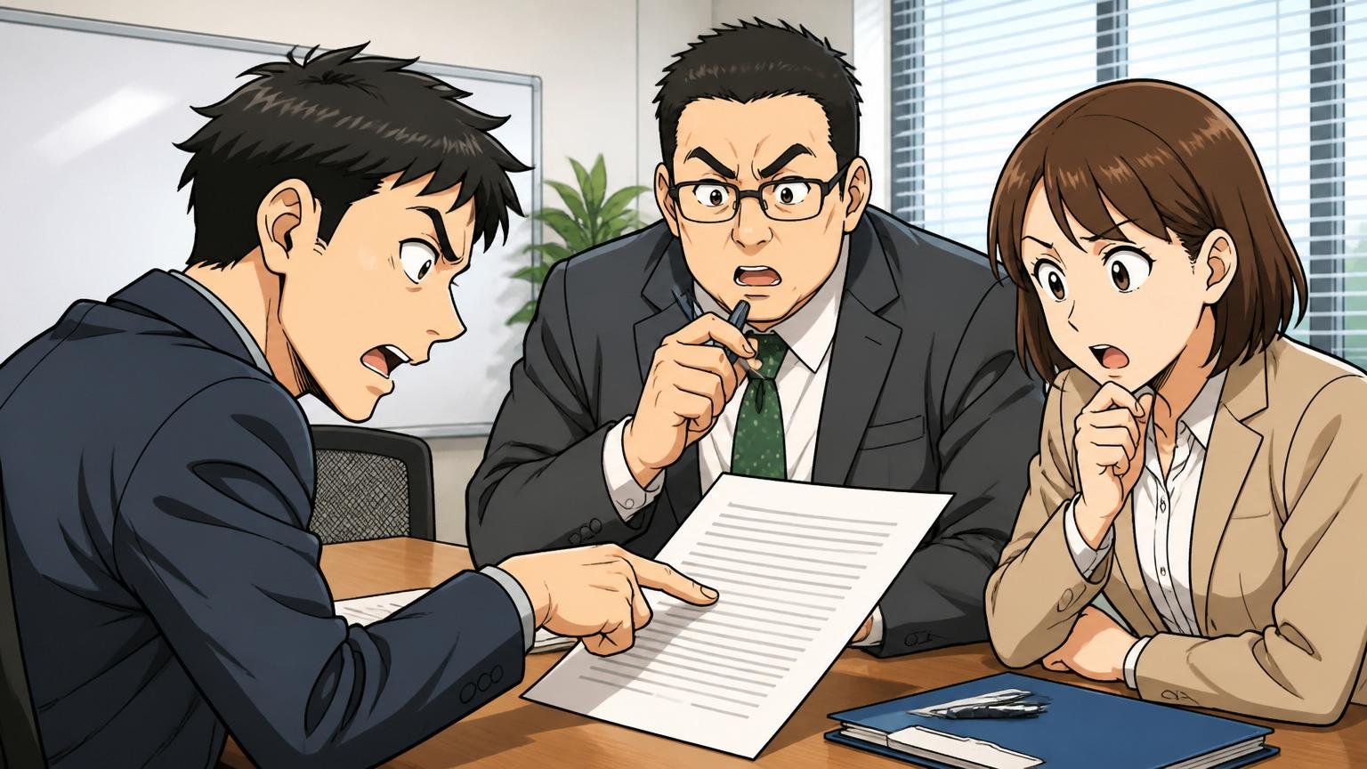 企業の会議室で再雇用面談、30代エンジニア1人と人事担当2人がジョブ型契約書を確認