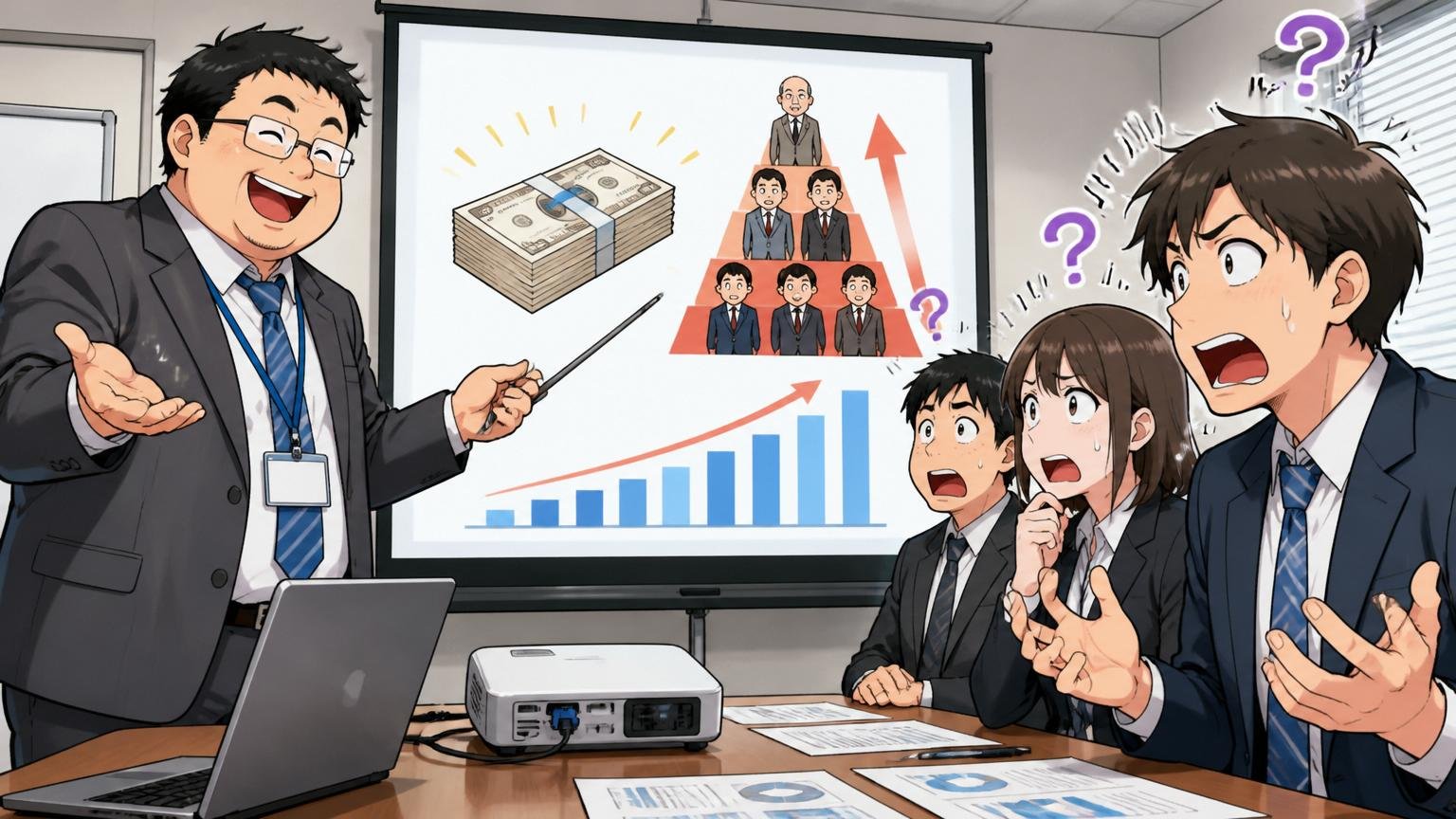前払い退職金と年功序列気味の評価制度。SIerの会議室で人事担当者がプレゼン資料の給与制度を説明し新入社員が困惑している