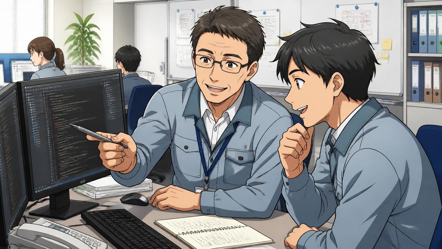 メーカー系IT子会社の落ち着いた職場｜大手製造業のIT子会社のオフィスで穏やかにレビューを行う40代男性主任と30代男性エンジニア