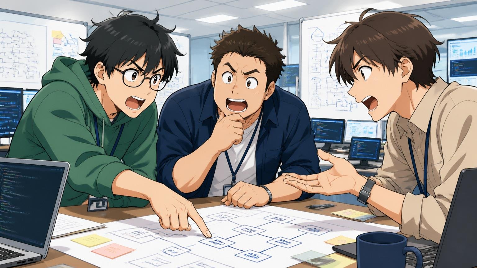 決済システム企業の開発フロアで決済基盤の設計を議論するエンジニア3人