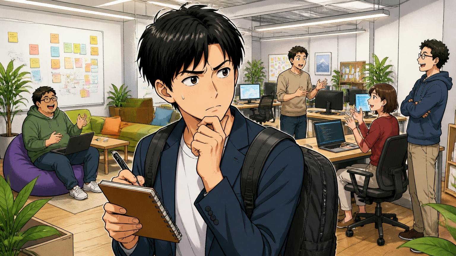 悩み④:「リコージャパン」というラベルだけで自己評価してしまう問題。Web系スタートアップのオフィスを見学する30代男性が複雑な表情でメモを取る