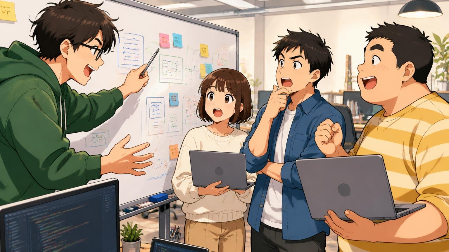 Web系スタートアップのオフィスでスタンディング会議をする20〜30代のエンジニア4人