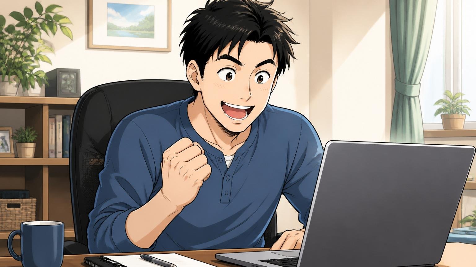 年収明細を確認する社員/自宅のデスクで在宅勤務/30代男性1人/満足そうな表情でPC画面を見る