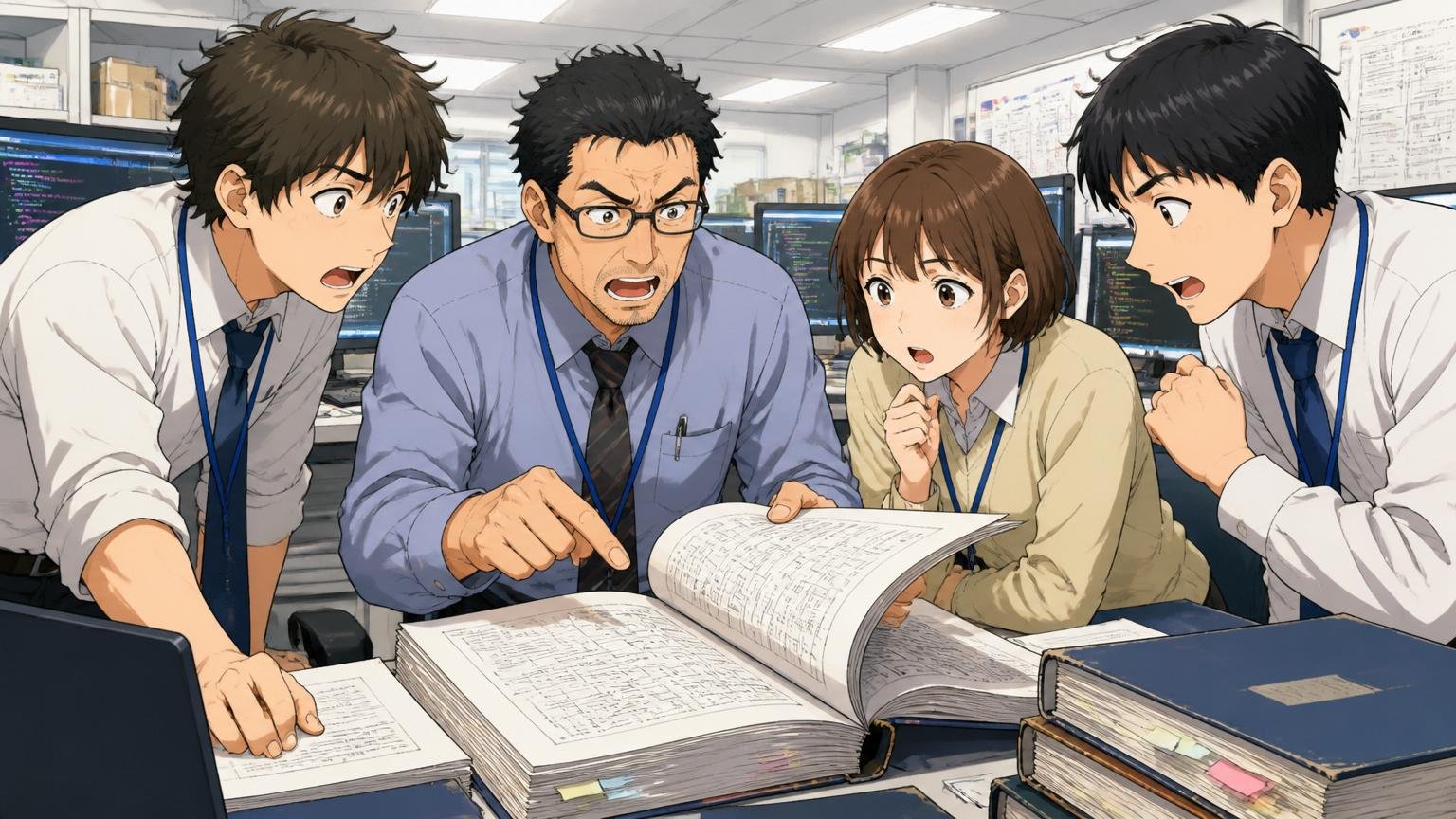 メーカー系SIerの開発フロアでレガシーシステムの設計書をめくるエンジニアと若手3名が話し合っている