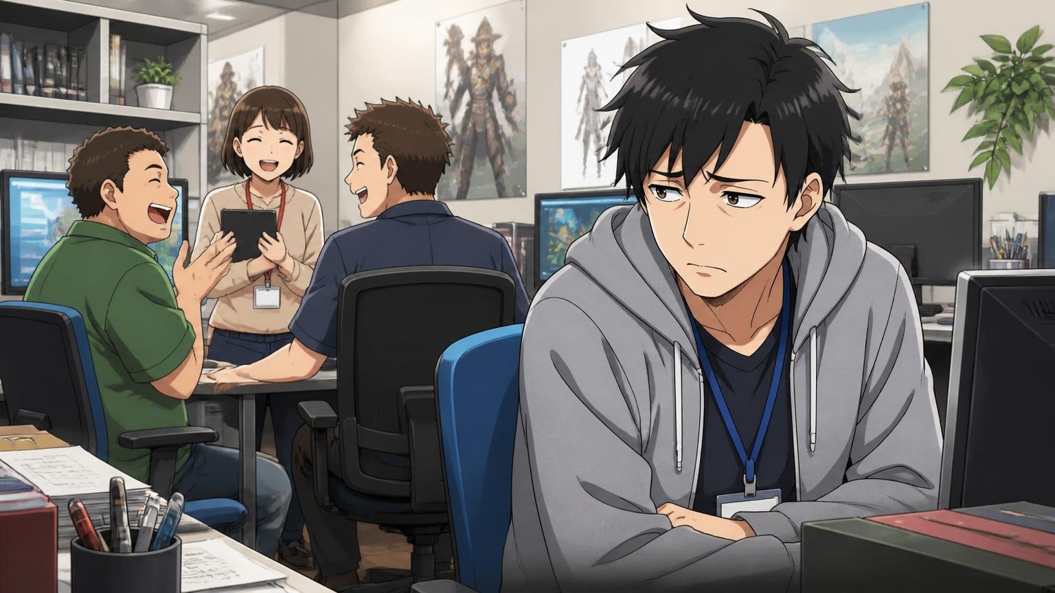 中途入社は新卒より低めに設定されがち。ゲーム会社のオフィスで中途入社の男性社員が浮かない表情